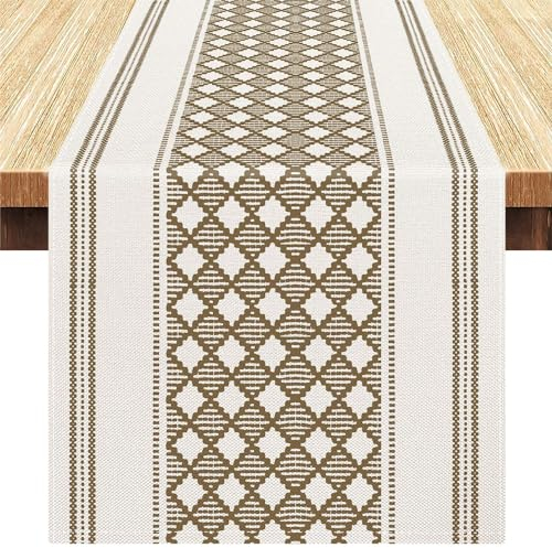 Tischläufer Modern Bauernhaus Boho Tischläufer Leinen Tischläufer Vintage Rustikale Tischdekoration Geometrisch Karo Muster für Küche Esszimmer Hochzeit Party Zuhause Dekoration 40x140cm, Braun