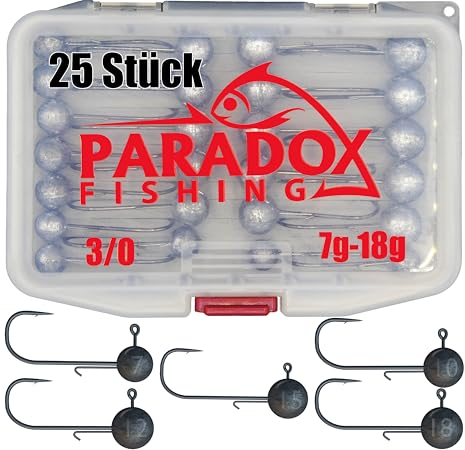 Paradox Fishing Jigköpfe Set 3/0 25x I je 5X 7g/10g/12g/15g/18g I Jig Köpfe Gummifisch mit Jighead für Gummifische Zander Barsch Angelzubehör
