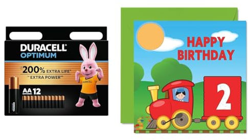 Duracell Optimum AA Batteries (12 Pack) - Alkaline Batteries 1.5V - Up To 200% Extra Life & 2nd Birthday Card Unisex - Train - Happy Birthday Card for 2 Year Old Son Daughter Brother Sister