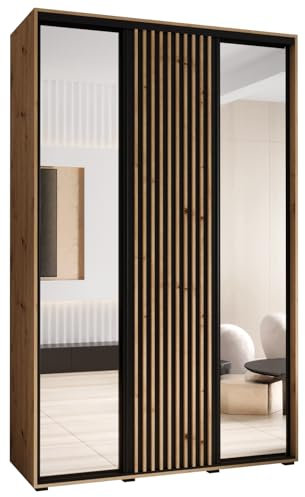 ABIKSMEBLE Lanko 2 Armoire à Trois Portes Coulissantes avec Miroir, Barre, Étagères - Moderne Armoire de Rangement pour Chambre, Salon - 235,2x150x45 cm - Artisan Noir Artisan