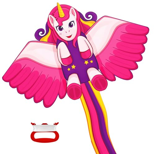 Flintronic Drachen für Kinder und Erwachsene - Einhorn Flugdrachen mit Langem Schwanz, 100m Drachenschnur für Spiele und Aktivitäten im Freien