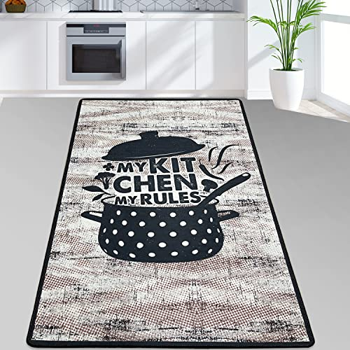 miqna Teppich Moderner Küchenteppich Gel Läufer Küchenläufer Grau Weiß Schwarz mit rutschfestem Bodenmuster mit Schriftzug Coffee Macchiato (Catinus, 80 x 200 cm)