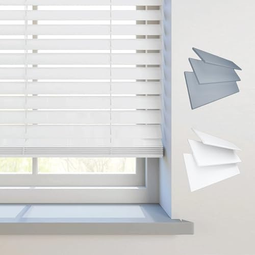 REHAN & CO Faux wood window Venetian Blinds 50mm Slats with String/Tape Blinds Aluminium Headrail Trimmable Child Safe Home Office Window Blind (White String, 105Wcm x 150Hcm)
