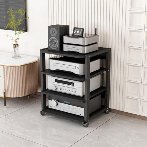 Multimedia-Ständer Stereo-Rack mit 3/4/5/6/7 Ebenen, Audio-Tower, CD-Media-Player-Ständer, Audio-/Video-Komponentenschrank, Eck-TV-Ständer, bewegliches Lagerregal mit Rollen für Zuhause/Büro/Kino, s