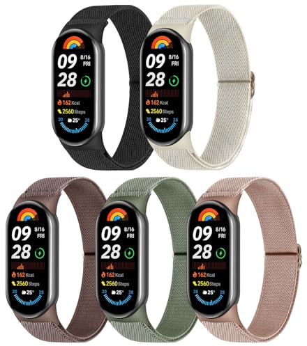 Wizvv 5 Stück Mi Band 9 Armband/Mi Band 8 Armband Herren Damen, verstellbare Dehnbare Nylon Armbänder Sport Ersatzarmband für Xiaomi Smart Band 9/Xiaomi Smart Band 8