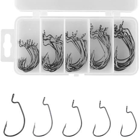 55 Stück Angelhaken Set, Offset Worm Jig Haken, Angeln Premium Offset Haken, Dropshot Haken, Haken Salzwasser, Angelzubehör (5 Größen)