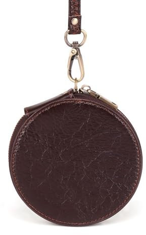 Hommes Femmes Ronde Petite Monnaie Porte - Monnaie, Portefeuille en Cuir véritable, Sac de Rangement avec Fermeture à glissière, Porte - clés en Cuir véritable, café