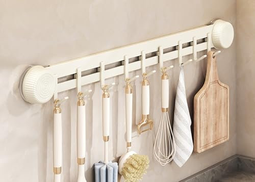 LNGFSH Kitchen Rail with Hooks Suction Cup, Carbon Steel Utensils Rack with Sliding Hooks Wall Mounted, Utensil Holder for Pans, Spoons, and Shovels, Self Adhesive (Beige,with 9 Hooks 50cm)