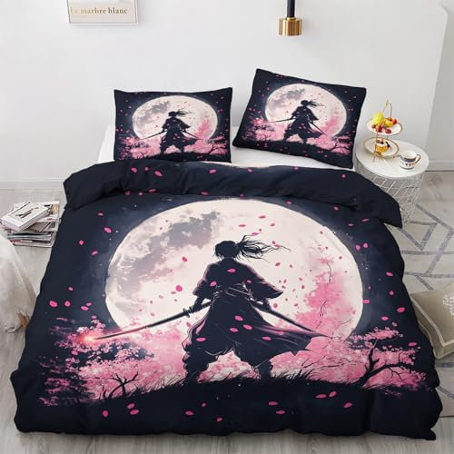 Japanischer Samurai Deko - Japanischer Samurai Bettwäsche 140x200 Winter, Anime Kirschblüte Bettbezug 2er Set mit 1 Kissenbezug 70x90, Weiche Mikrofaser Winterbettwäsche mit Reißverschluss B*&159