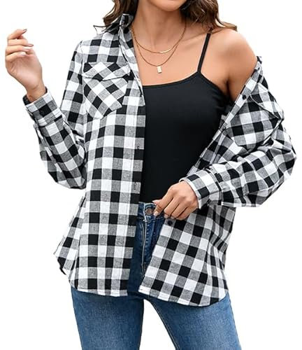 Stamain Chemise a Carreaux Noir Femme Chemise à Boutons à Manches Longue Country Top à Enrouler Décontracté Bureau Classique Fête avec Poches S