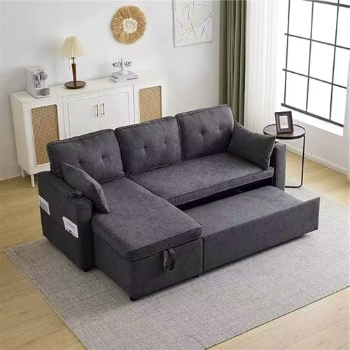 BTM L Shape Sofa Bed, 3 Seater Corner Sofa with Storage, Pull Out Sofa Bed with Cup Holders, Pillows and Storage Pocket for Living Room/Office, Grey