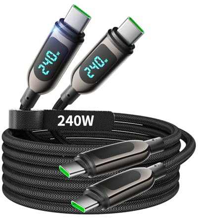 VisionSync 240W USB C to USB C Cable [10ft/2Pack],Nylon Braided Type C Fast Charging Cable with LED Display for iPhone 16/16 Pro Max/15/15 Pro Max, Samsung S25/S24 Ultra, MacBook, iPad, Laptop,Black