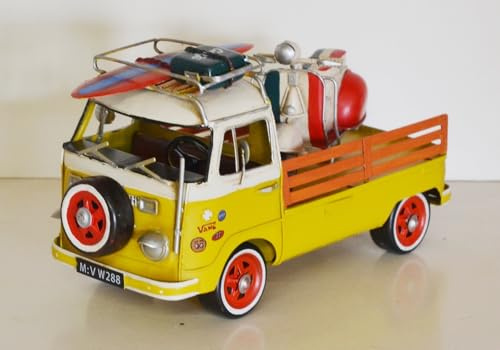 JS Garten Deko Blechauto Nostalgie Modellauto Urlaubs Camping Transporter Bus in gelb Oldtimer L 26 cm Modellbus aus Blech