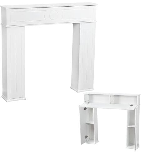 Kaminschrank Weiß lackierter dreitüriger Kaminschrank Kaminkonsole mit 3 Stauraum Geheimfach dekorative Kaminumrandung aus Holz Deko Kaminrahmen mit Regal Kaminattrappe Schrank