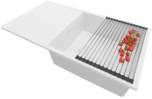 PRIMAGRAN Evier Cuisine en Granit Tout Blanc 90x50cm, Lavabo 1 bac + Kit de Vidage + Égouttoir Enroulable, Évier à Encastrer au meuble 60cm - Ibiza