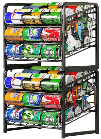 Stapelbares Dosenregal Organizer, 2er-Pack, für Speisekammer, 6 Etagen, Dosenspender mit 12 Haken, Hält bis zu 60 Dosen, Speisekammer-Dosenhalter Küchenschrank, Arbeitsplatte, Schwarz