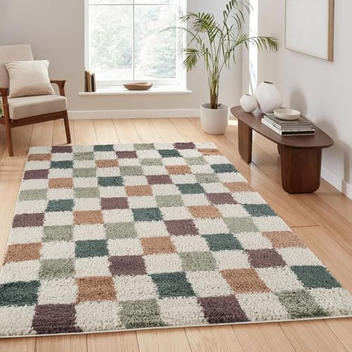 Rugs by Desire Chester Living Room Shaggy Area Rug Modern - Contemporary Checkered Design 30mm Plush Pile Jute Backing Soft Woven Carpet -Hallway Runner Indoor Rug, Multi, 200x290 cm