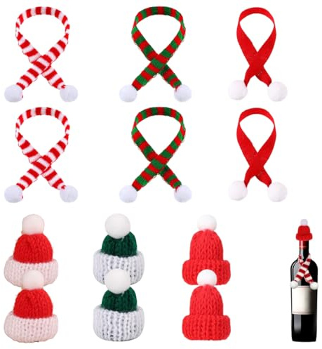 WeddHuis 12 Stück Mini Weihnachtsmützen und Schal Set, Mini Strickmützen für Weihnachtsdeko Flaschen und DIY Handwerk Basteln, Mini Schal für Puppenhaus