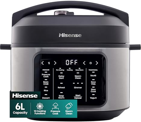 Hisense HMC6SBUK Electric Multi-Cooker 6L, 10 Programmes, Pressure Cooker, Slow Cooker, Rice Cooker, Food Steamer, Stainless Steel