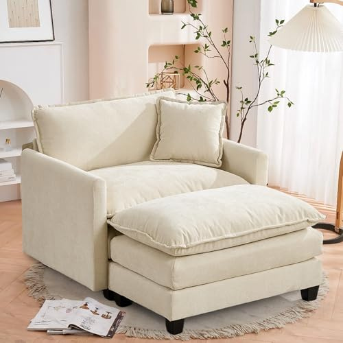 SoarFlash Chenille-Sessel Beige mit Hocker, Doppelkissen und Armlehnen | Tejido suave, resistente y transpirable, con cojines y brazos. Ideal salón, dormitorio y apartamento.