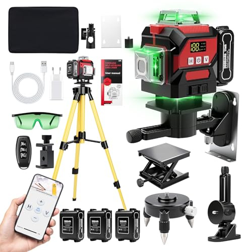 Livello Laser Cantiere Autolivellante 4 x 360 °, Lazer Livelli 4D 16 Linee, Livella Laser con Treppiede, Laser Autolivellante Verde con 3 x 3600mAh Batterie, Supporto Rotante, APP/Telecomando
