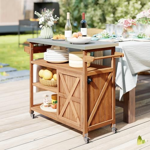 GIANTEX Desserte Plancha Exterieur en Bois de Spain, Desserte à roulettes Exterieur, Plan de Travail en Acier Inoxydable, 3 Étagères, Armoire, 4 roulettes Universelles, 118 x 47 x 92 cm, Charge 50kg
