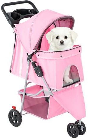 DUMOS 3 Wheels Pet Stroller for Small Dogs and Cats – Foldable Dog Stroller with Mesh Windows, Storage Basket & Cup Holder, Lightweight & Durable Pet Carrier for Travel, Outdoor Use – Pink
