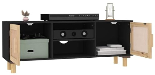 Vorpalize TV-Schrank Schwarz 105x30x40 cm, Massivholz Kiefer Natur-Rattan Lowboard mit 4 Fächern, stabiles Mediencenter für Wohnzimmer