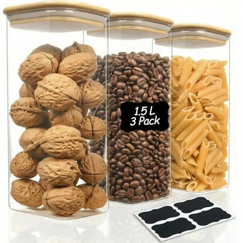 BUOAZR Bocaux en Verre, Lot de 1500ml×3 Bocal en Verre avec Couvercle en Hermétique Bambou, Bocaux Rangement Cuisine