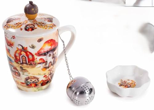 Generico Tazza in Porcellana 350 ml con Filtro e Coperchio Decorato – Tazza da Tè con Infusore in Acciaio e Piattino – Fantasia Autunnale con Ghianda – Confezione Regalo (funghetti e casette)