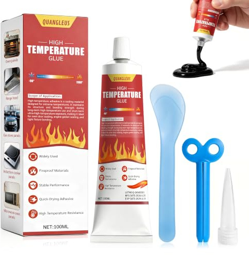 QUANGLEUS Hitzebeständiger Kleber, 100 ml, -50 °C bis 1100 °C, Wasserdicht | Hitzebeständiges Silikon 15 Min Vorhärtung / 24H Aushärtung, Geeignet für Öfen, Kamine, Glas, Keramik, Metall. Schwarz