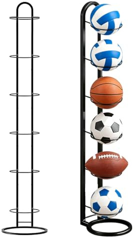 WENLISELL 6 Tier Ball Storage Rack, Black Vertical Iron Football Stand | Removable Basketball Organizer Rack, For Basketball, Football, Outdoor, IndoorSoccer, Volleyball