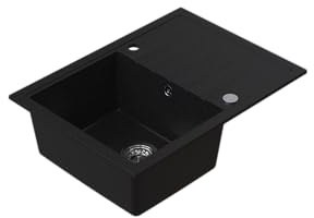 HOMEVELLO Spülbecken AXION Einbecken Granitspüle 68x49x19,5cm Graphit, Hochwertige Küchenspüle mit Siphon, Abtropffläche, Pflegeleicht, Kratzfest, Moderne Design, Perfekt für jede Küche
