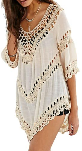 Vanbuy Damen-Tunika, Boho-Stil, V-Ausschnitt, gehäkelt, Bluse, Hemd, Strand-Badeanzug, Überzug, Beige, Mittel