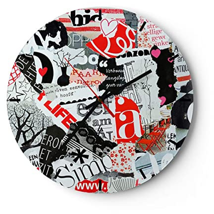 Modern Wanduhr Worte Muster Herzen Magazin 40x40cm Rund Groß Wand Uhr Glas Analog Zimmeruhren Küche Büro Wohnzimmer Glasuhr Wall Clock Dekoration Design Wanddekoration Küchenuhr C3AR40x40-3207