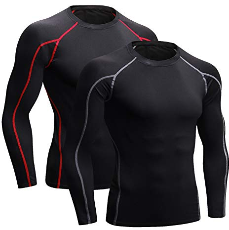 Niksa 2er Pack Herren Kompressionsshirt Funktionsshirt Langarm Sportshirt Fitnessshirt Männer Atmungsaktiv Laufshirt für Running Jogging Gym Schwarz,XXL