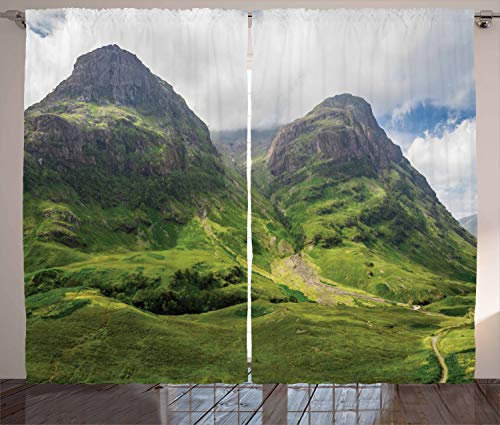ABAKUHAUS Schottland Rustikaler Gardine, Glencoe Highlands Wolken, Schlafzimmer Kräuselband Vorhang mit Schlaufen und Haken, 280 x 225 cm, Farngrün Weiß