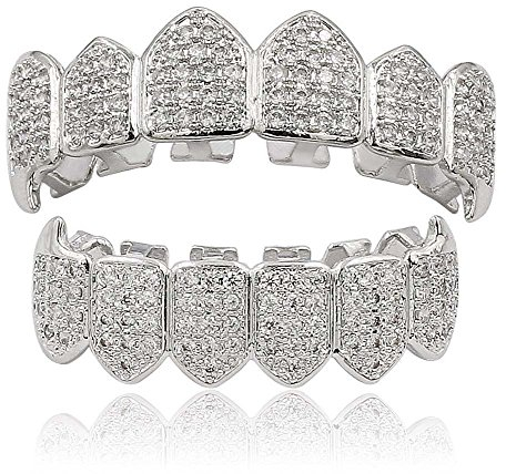 Moca Schmuck Hip Hop Unisex 18 Karat Vergoldet Iced Out CZ Simulierte Diamant Top Bottom Teeth Grill Set für Männer Frauen (silver)