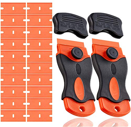 QitinDasen 2Pcs Premium 1.5 Mini Raspador de Mango de Maquinilla con Tapa de Seguridad, Rascador Vitrocerámica Rascador Vidrio, con 20Pcs Cuchillas de Plástico de Doble Filo
