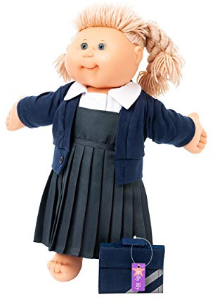 UK COMPANY SCHOOL UNIFORM ONLY FOR VINTAGE CABBAGE PATCH DOLL 17 INCH[ DOLL NOT INCLUDED]GREY PINAFORE ,WHITE BLOUSE,NAVY CARDY , NAVY BOOK BAG