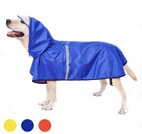Hunde Regenmantel Regenjacke mit Kapuze & Kragenloch & Reflektierender Streifen wasserdichter Hundemantel für mittelgroße große Hunde 6XL Blau