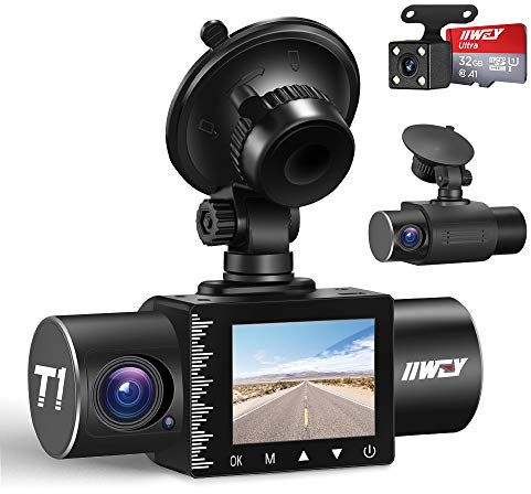 iiwey Dash Cam Front Rear and Inside Three Channels 1080P with IR Night Vision, Car Camera SD card included, Dashboard Camera Dashcam for Cars 170 Wide Angles, HDR, Motion Detection and G-sensor