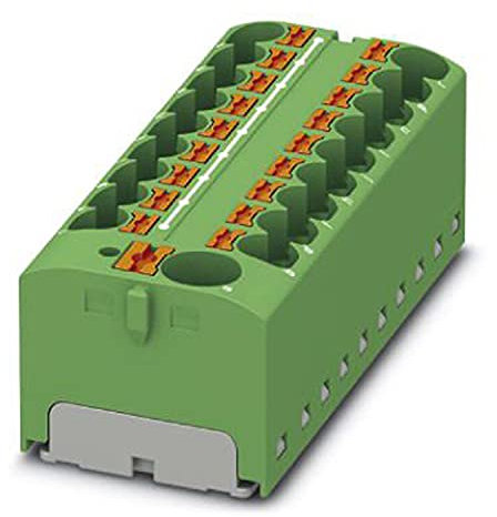 PHOENIX CONTACT PTFIX 10/18X4 GN Verteilerblock, 450 V, 32 A, Anzahl der Anschlüsse 19, Querschnitt 0,2 mm² - 6 mm², AWG 24 - 10, Breite 64,8 mm, Höhe 21,7 mm, Grün, 8 Stück