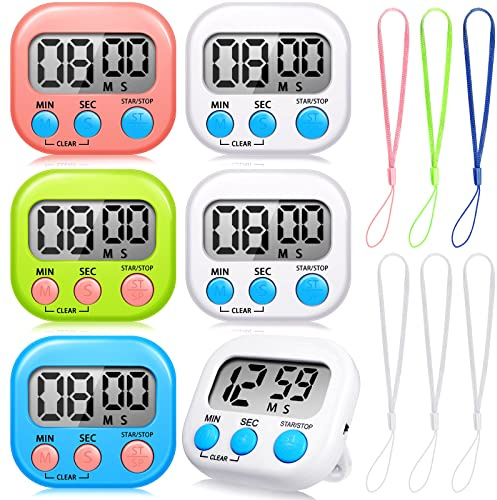 Lot de 6 minuteurs numériques pour enfants avec grand écran et 6 cordons - Dos magnétique - Fonctionnement simple - Compte à rebours - Multicolore