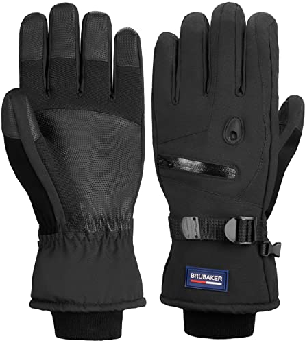 BRUBAKER Skihandschuhe Wasserdicht und Winddicht mit Reißverschluss Tasche - Winterhandschuhe für Herren und Damen - Extra Warme Snowboardhandschuhe - Thermo Handschuhe für Ski - Schwarz Größe M/L