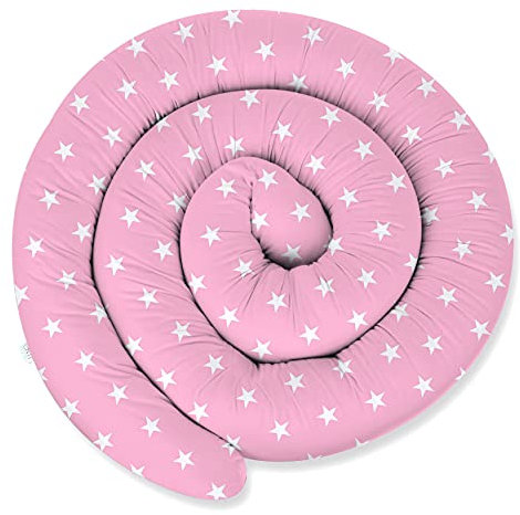 XXL 300 cm Bettschlange für Allergiker Bettkissen Stillkissen Bettrolle Zierkissen Bettumrandung Schlange Handmade 100% Baumwolle ekmTRADE (20 – Rosa – Weiße Sterne, 300 cm)