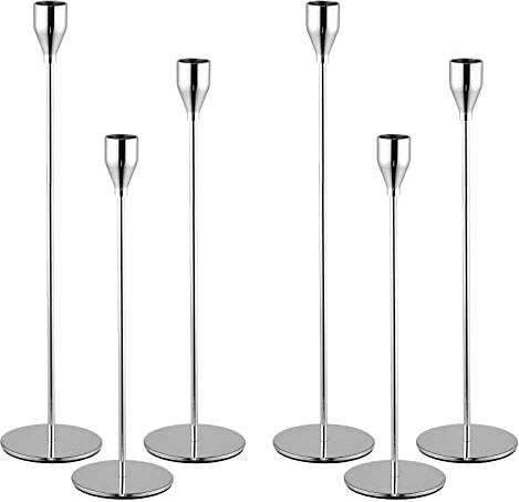 Set von 6 silbernen Kerzenhaltern, Kerzenhalter aus Metall, hoher Kerzenständer für Spitzkerzen, Kerzenhalter für 3/4 Zoll Dicke Kerzen, für Hochzeit, Wohnzimmer, Esszimmer (Silber)