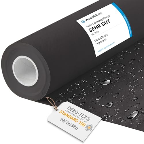 DreamRoots Markisenstoff wasserdicht Meterware, Schwarz, Laufmeter | Oxford Segeltuch, Polsterstoff, 160 cm breit, 220 g/m² 600D, wasserabweisend, für außen & Deko