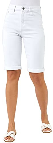 Roman Originals Denim Shorts for Women UK Ladies Knee Length Stretch Jean Cropped Capri Jegging Turn Up Hem Cut Off Summer High Waisted Trouser Smart Pants Casual - White - Size 18