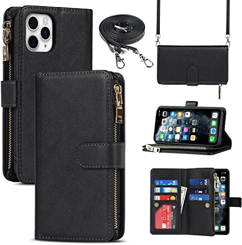 CAVOR Handykette Handyhülle kompatibel mit iPhone 11 Pro Max Hülle Mit Band,Flip Leder Geldbörse Hülle Mit Kette,[9 Kartenfach][Doppelte Schnalle],Umhängeband Klapphülle Handytasche - Schwarz